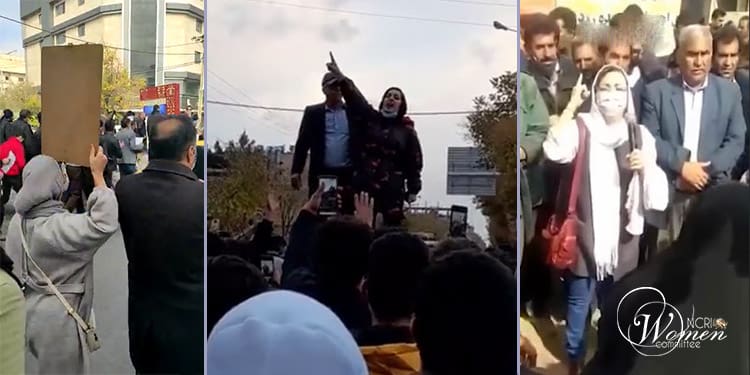 على اليمين امرأة تتحدث في مظاهرة أصفهان، وفي الوسط امرأة أخرى تتحدث في مظاهرة مدينة شهركرد