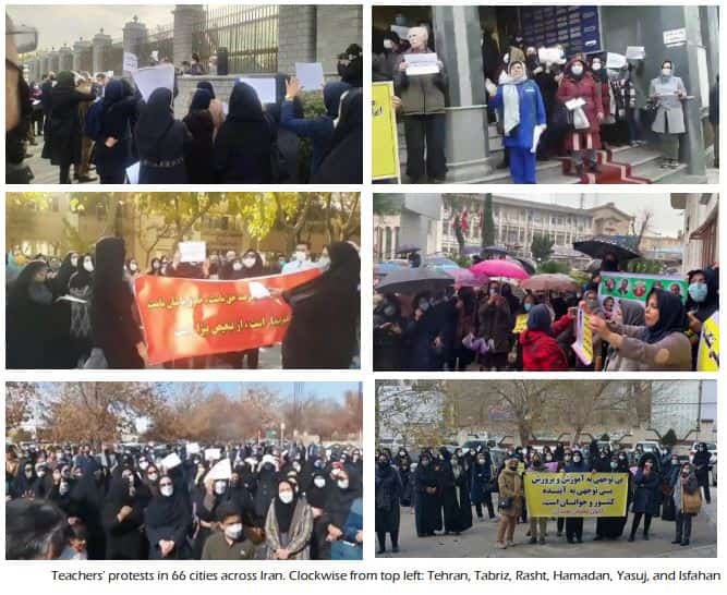 احتجاجات المعلمين في 66 مدينة في جميع أنحاء إيران. في اتجاه عقارب الساعة من الجهة اليمنى العليا: طهران - رشت - همدان - ياسوج - أصفهان – تبريز