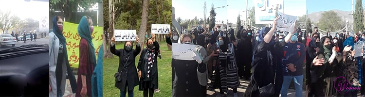Des femmes manifestant contre le contrat anti-iranien ; de gauche à droite : Ispahan, Kazeroun, Kermanchah et Karadj.