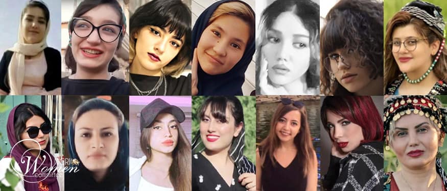 Victimes de coups de matraque - dans le sens des aiguilles d'une montre, en partant du haut à gauche, Sarina Saedi, Sarina Esmailzadeh, Nika Shakarami, Setareh Tajik, Pegah Ghavasieh, Arnika Qaem Maghami, Mahsa Amini, Nasrin Qaderi, Sadaf Movahhedi, Maria Ghavasieh, Negin Abdolmaleki, Mahak Hashemi, Farzaneh Kazemi, Marzieh Ziari.